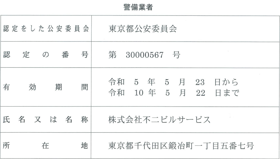 東京本社の警備業認定の標識